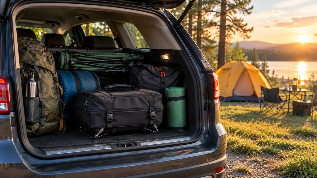 Maletero de coche cargado con equipo de camping y barbacoa portátil listo para aventura al aire libre junto al lago al atardecer