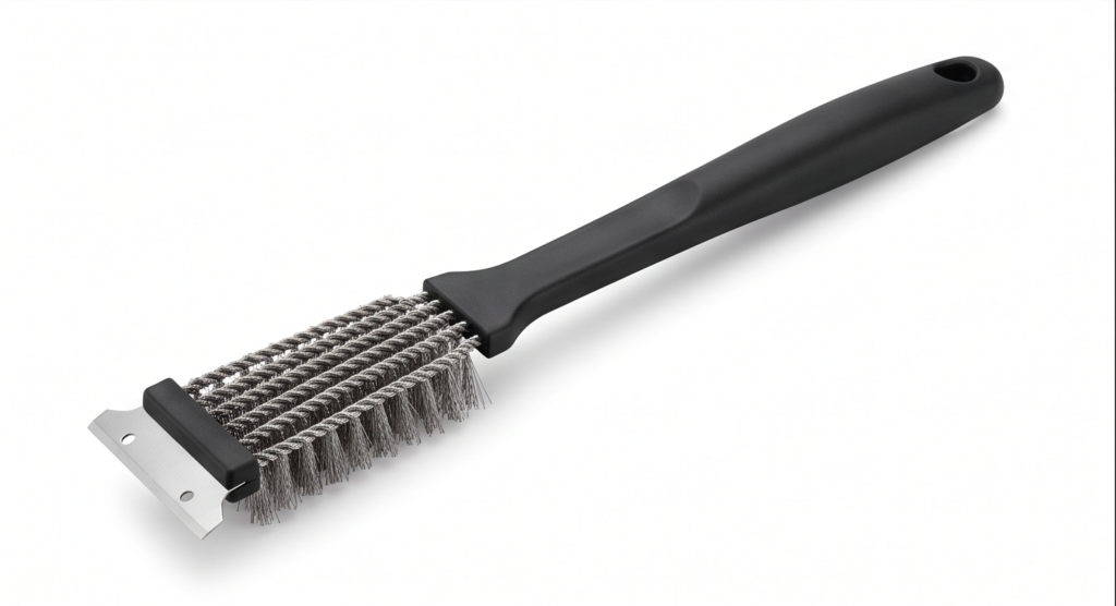 Cepillo resistente de acero inoxidable con rascador para desincrustar parrillas de barbacoa