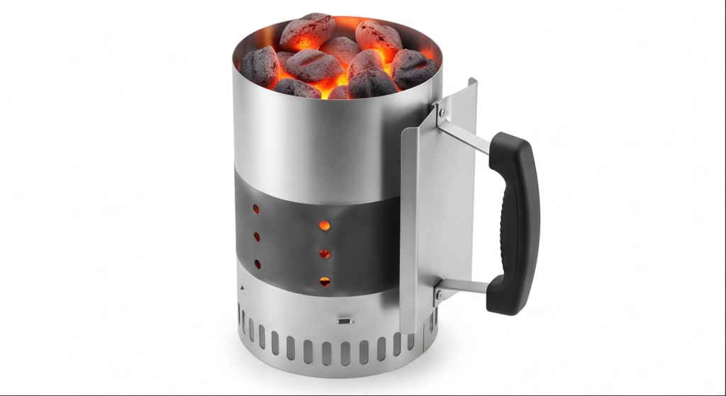 Chimenea cilíndrica de encendido rápido con brasas al rojo vivo para barbacoa de carbón